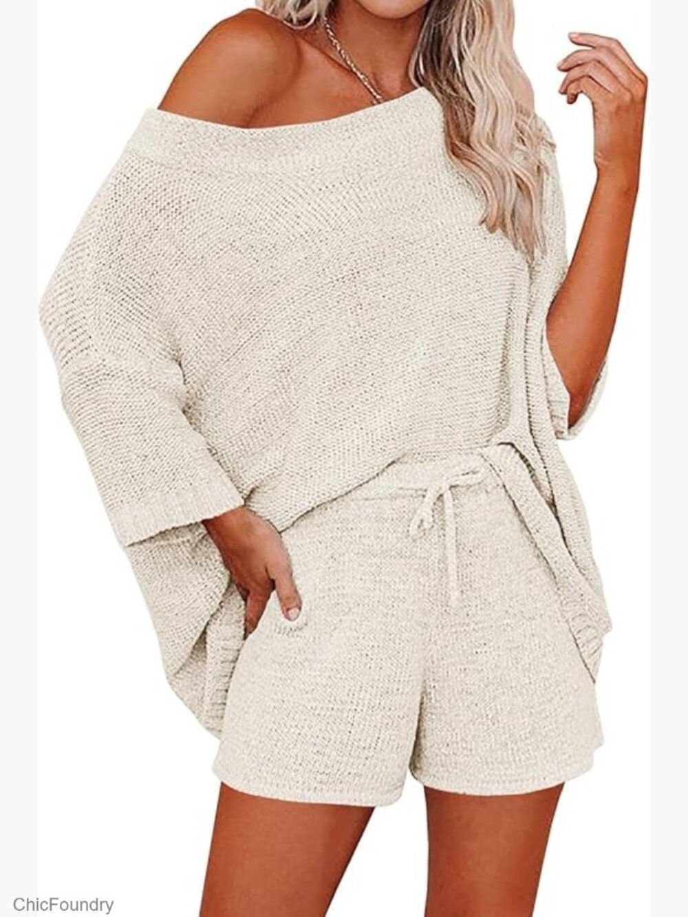 Women's Knit Pajama Set Off Shoulder Top & Shorts Lounge Set